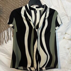 SHEIN Black, Olive & Cream Wave-Print Tie-Neck Blouse